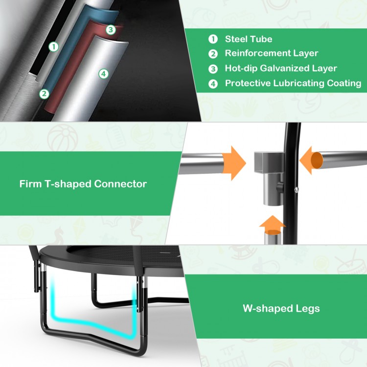 Detail of the trampoline's galvanized steel frame and T-shaped connector, showcasing durability and stability features.